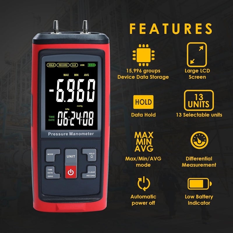 DANOPLUS Manometer Data Logger Digital Manometer Gas Pressure Tester with ±200 inH2O Measuring Range, Differential Pressure Gauge 13 Selectable Units Manometer HVAC with Large LCD Screen - Image 2
